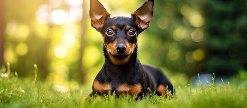 Little pinscher ratter prazsky krysarik crossbreed small dog playing outside on grass during summer spring weather. Creative banner. Copyspace image