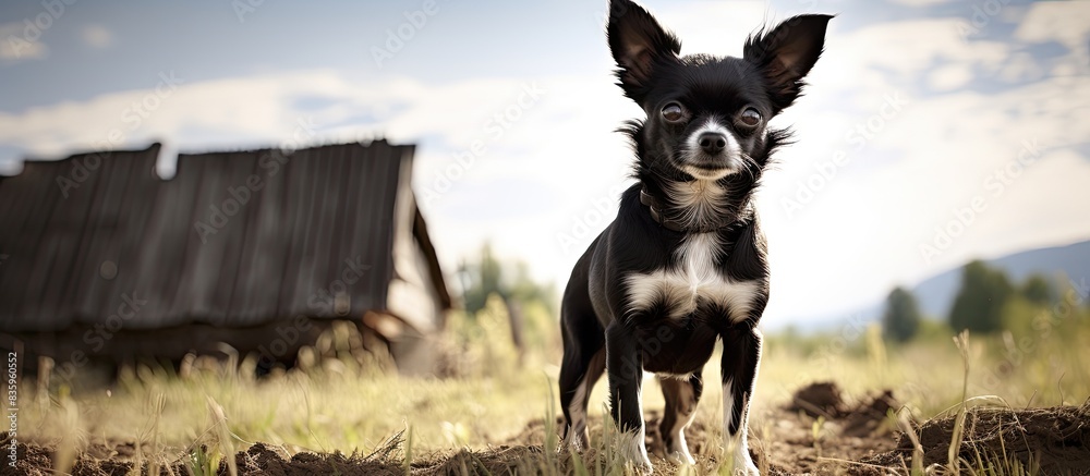 Poster black and white chihuahua stay in the field. creative banner. copyspace image