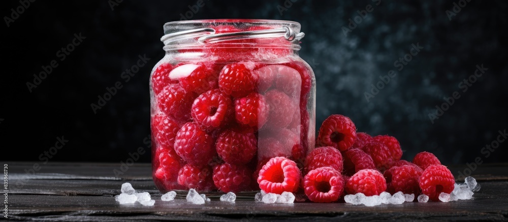 Poster berries of red ripe raspberries frozen for the winter in the freezer. creative banner. copyspace ima
