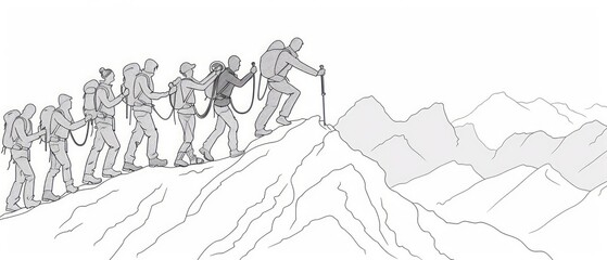 Obraz premium Outline of a group of individuals supporting one another in their ascent to the mountain top