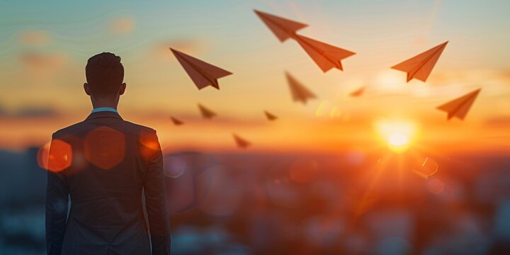 Embrace new career path or shift direction, take charge of your own journey to success with bravery and a visionary mindset as a businessman soars on a paper plane, changing course.