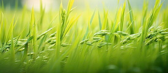 Obraz premium Rice seed ripe and green leaves in rice field Growth and Yield of rice plants in summer color tone. Creative banner. Copyspace image
