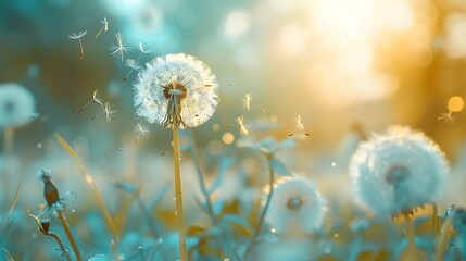 Beautiful dandelion with flying seeds on a green spring meadow, a macro photo of a natural landscape with copy space area.