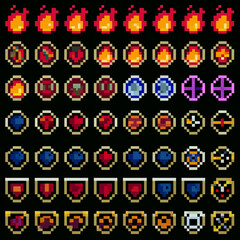 Pixel Art RPG Icons Set with Fire Spell Effects