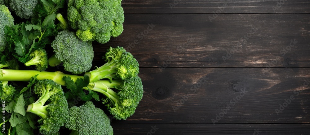 Poster fresh broccoli on dark wooden table background top view. creative banner. copyspace image
