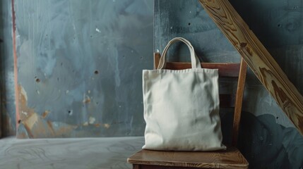 Obraz premium A mockup of a white tote bag sitting on a wooden chair next to a wall.