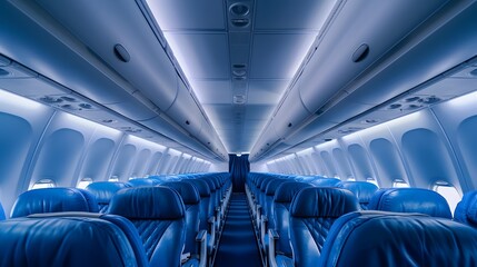 Obraz premium Blue seats in an airplane with white walls and ceiling, panoramic view of the interior cabin with rows of blue chairs on both sides of the aisle.