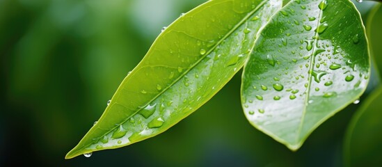 The leaves of the lemon tree Drops of water on a lemon leaf Raindrops flowing in the rain. Creative banner. Copyspace image