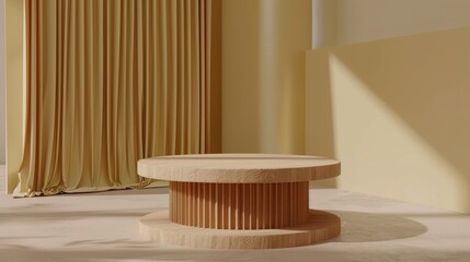 a round wooden table in a room with a yellow curtain. The table has four legs and a smooth surface.