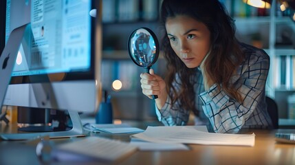 Focused young woman examining documents with a magnifying glass in a modern office. Conceptual image depicting careful analysis, research, and attention to detail at work. AI