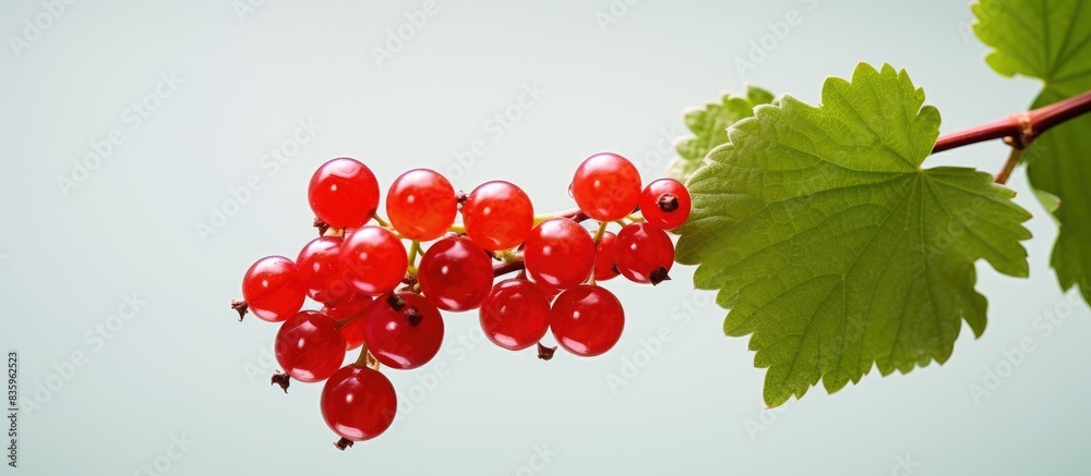 Poster juicy ripe red currant lonely hovering on a sprig. creative banner. copyspace image