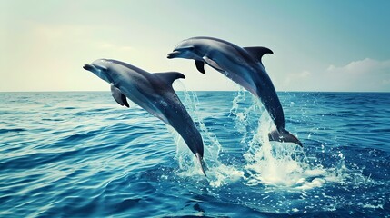 Fototapeta premium Two dolphins leap out of blue ocean waves. Wildlife photography. Perfect for marine life documentaries and nature lovers. AI