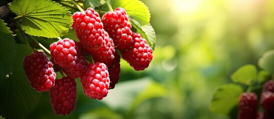 organic loganberries ripening on loganberry bush. Creative banner. Copyspace image