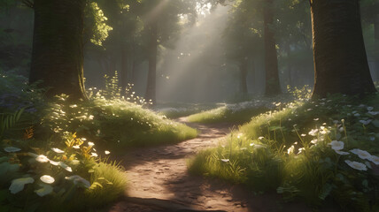 Fototapeta premium a path in the woods with the sun shining through the trees