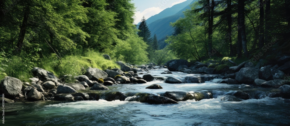 Poster rapid stream with clear mountain water. creative banner. copyspace image
