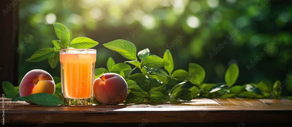 Aufkleber fresh peach juice with mint on the wooden table selective focus. creative banner. copyspace image