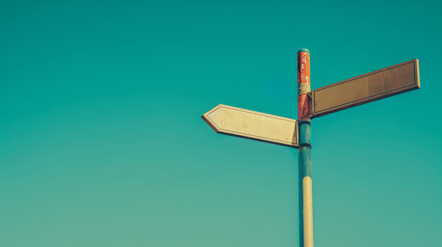 A mockup of a wooden signpost with two arrows pointing in opposite directions sky blue background - Powered by Adobe