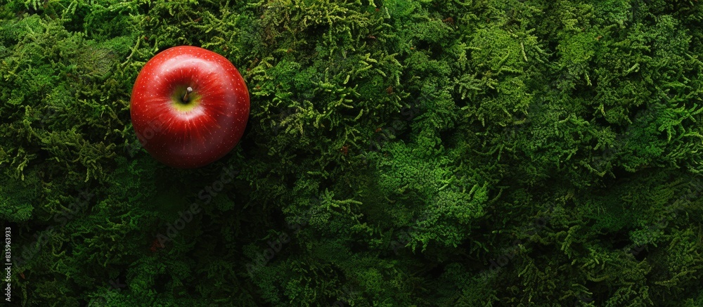 Poster the red apple lies on the green moss the view from the top. creative banner. copyspace image