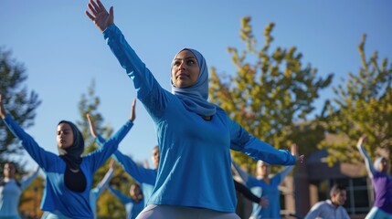 Muslim women in blue hijabs do gymnastics movements together outdoors.