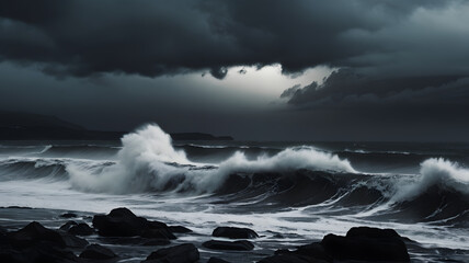 Obraz premium a storm is coming in over the ocean and the ocean is about to break.