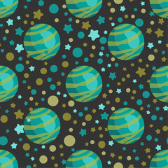 Planets on a dark space background. Astronomy seamless pattern illustration. Planets and stars