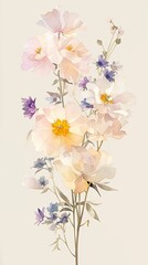 Produce an image of minimalist flowers depicted in soft watercolor hues