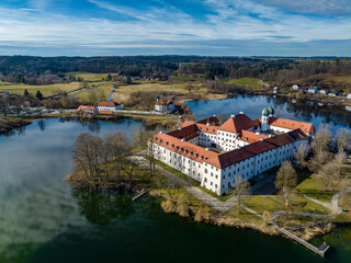 Aerial view, Seeon Monastery, Klostersee, Seeon-Seebruck, Chiemgau, aerial view, Upper Bavaria, Bavaria, Germany