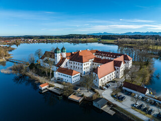 Aerial view, Seeon Monastery, Klostersee, Seeon-Seebruck, Chiemgau, aerial view, Upper Bavaria,...