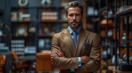 Fototapeta premium confidence success and leadership with a businessman standing arms crossed in the office management and vision with a man employee operating with a growth mentality .stock illustration