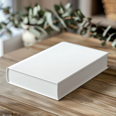 Fototapeta premium stock of book mockup, A beautifully designed white packaging mockup book, placed on a wooden table, front view
