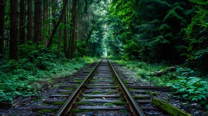 Railway tracks in a forest, with green trees on both sides. The photograph is in the style of railway tracks in a forest.