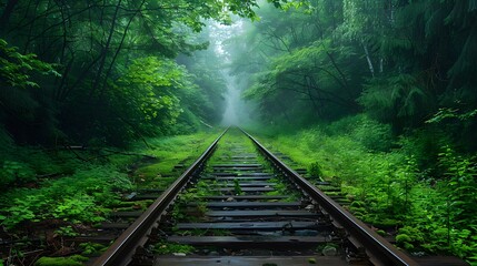 Railway tracks in a forest, with green trees on both sides. The photograph is in the style of railway tracks in a forest.