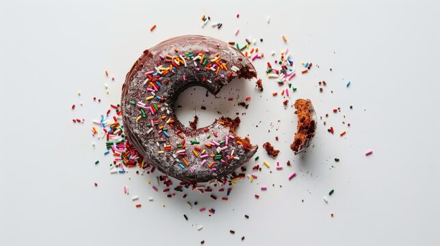 Partially consumed chocolate sprinkle donut set against a white backdrop