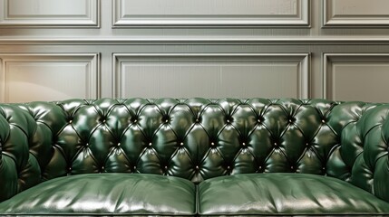 Obraz premium Green furniture sofa with Chesterfield style leather background and genuine ivory leather upholstery for luxury loft interiors