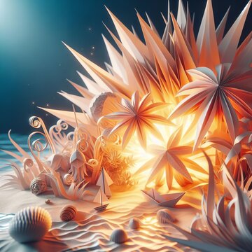 Surreal Starburst: A Geometric Dance of Paper Sculpture in Gradient Summer Season Colors