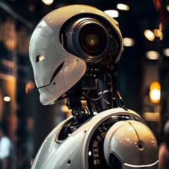 Fototapeta premium A sleek humanoid robot with a polished white surface and black accents gazes thoughtfully in a futuristic environment.