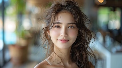 Fototapeta premium portrait of a young asian woman smiling beauty and hair care face and hair beauty.illustration