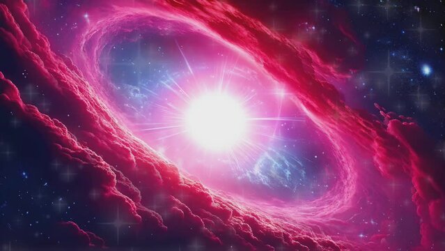 Outer space animation Red Pink Space flight to Helix nebula eye of God in Deep Space. Flying star field in to flare light at center. Universe Space Loop background. Dust particles Clouds.