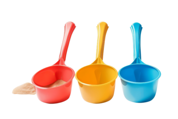 Three colorful plastic scoops, red, yellow, and blue, ideal for food, baking, or product measurement., transparence background