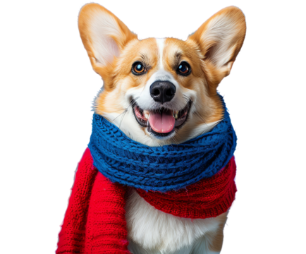 Adorable corgi dog wearing a blue and red scarf, smiling happily. Perfect for holiday and winter-themed stock images., transparence background