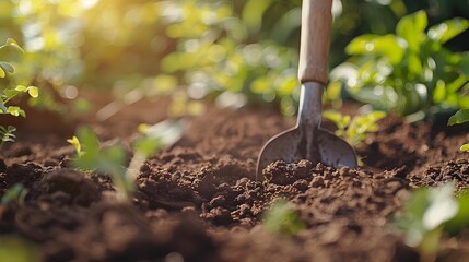 The  is digging in the soil, with a closeup view of dirt and greenery in the background, taken with a macro shot and shallow depth of field.