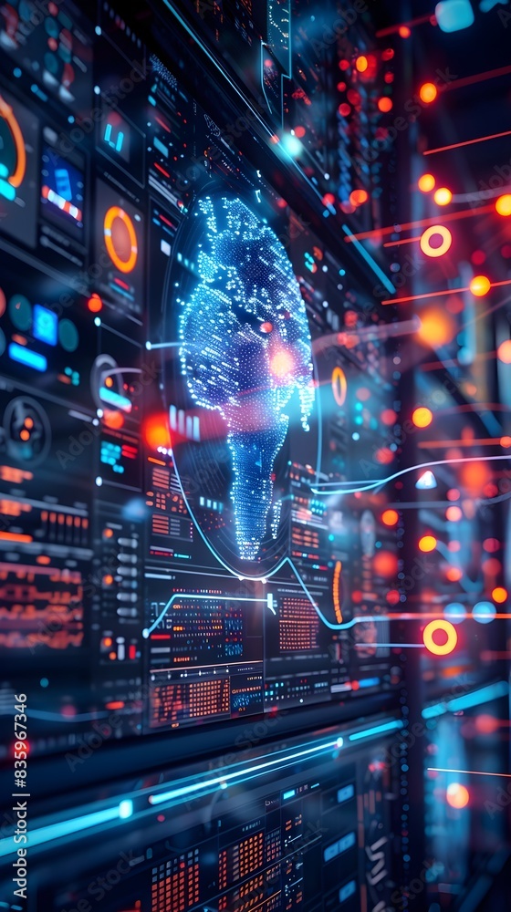 Poster futuristic data visualization on interconnected digital screens artificial intelligence and technolo