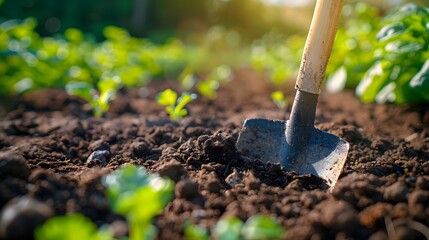 The  is digging in the soil, with a closeup view of dirt and greenery in the background, taken with a macro shot and shallow depth of field.