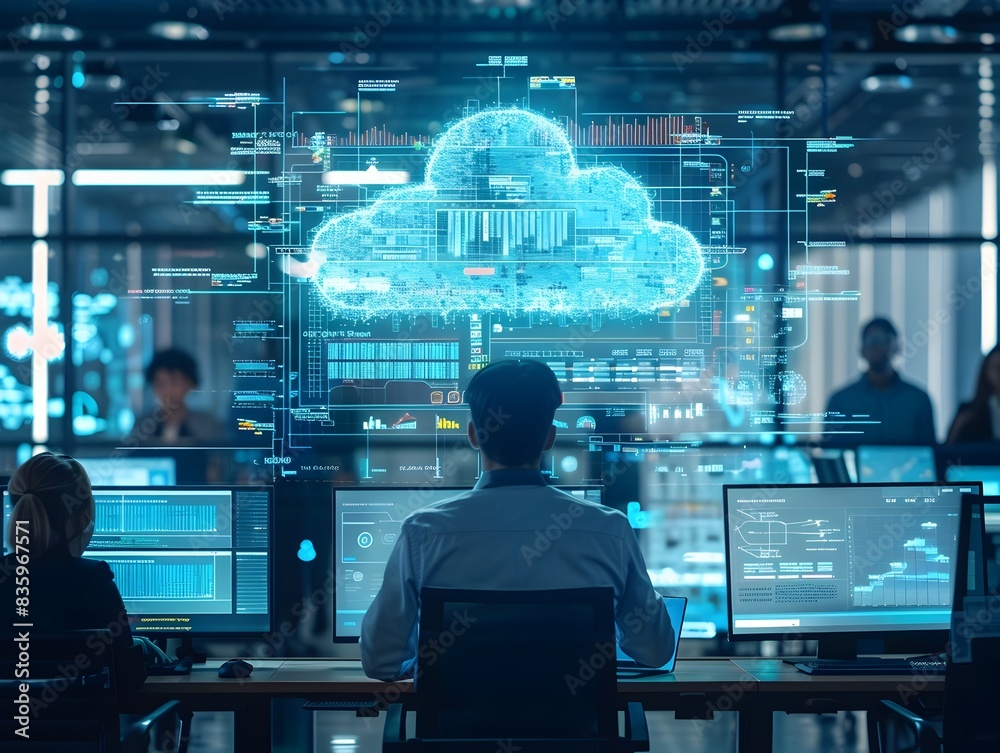 Poster high tech cloud computing network center monitoring dashboard