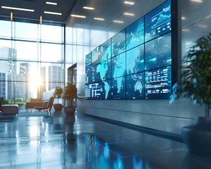 Interactive Digital Signage Showcasing Real Time Business News in a Corporate Lobby