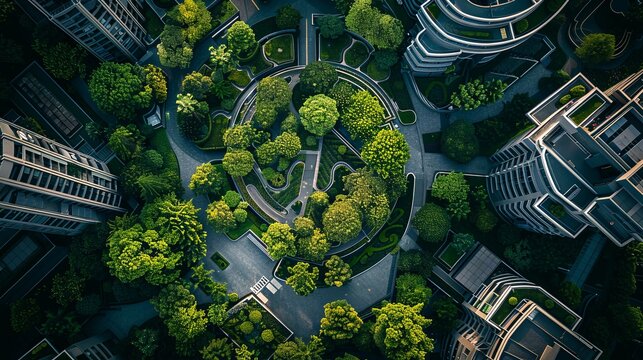 Aerial photography from above, highlighting the coexistence of trees and architectural structures