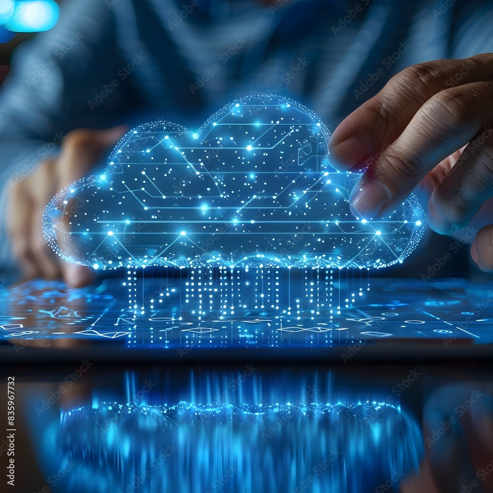Poster close up of hand touching digital tablet with cloud architecture blueprint cloud computing concept