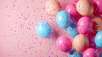 This birthday background features colorful balloons and confetti on a pastel pink background in the style of a celebration.