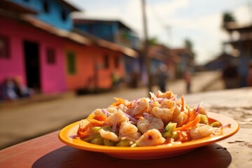 Peruvian ceviche served on a vibrant market street in a coastal village.