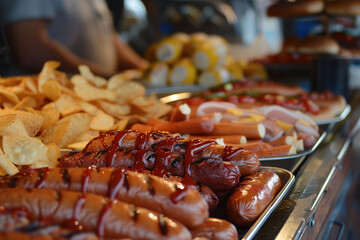 Grilled chicken wings, sausages in a market for Junk Food Day